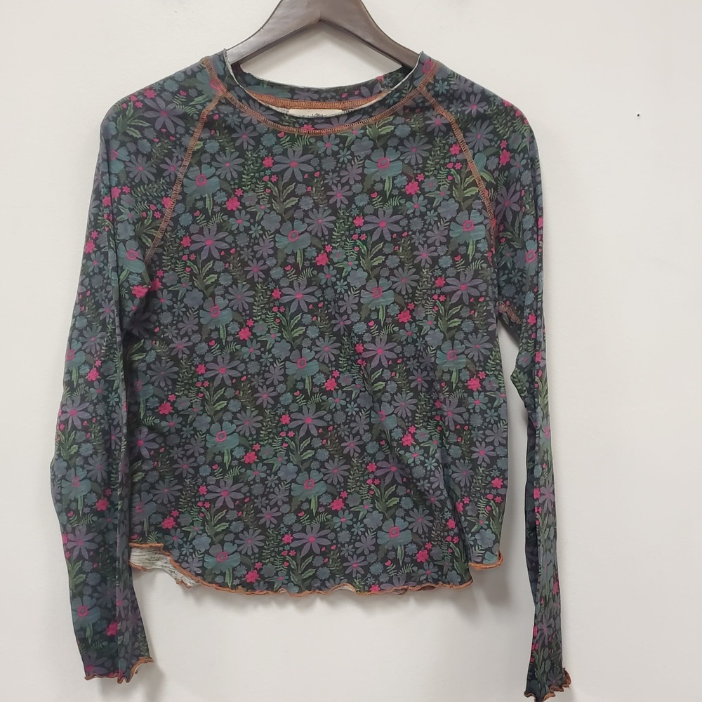 Natural Life Lily Cotton Long Sleeve T Shirt Size M Dark Floral Lettuce Hem